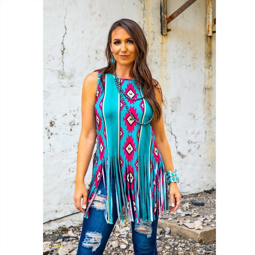 NWT Neon Aqua Aztec Fringe Tank Top